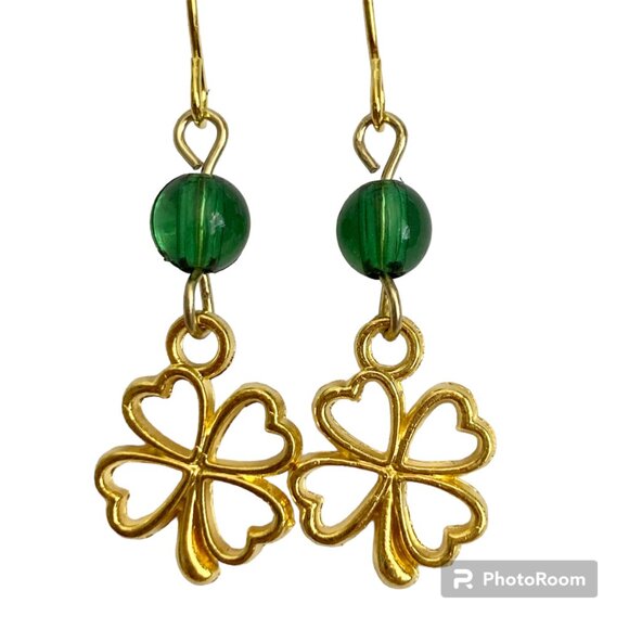 Shamrock Earrings Gold Plated Irish 4 Leaf Clover Luck Celtic St. Patricks Day - Picture 1 of 7